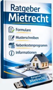Blaues Buch „Ratgeber Mietrecht“ mit Hausmodell, Schlüsseln und USB-Stick