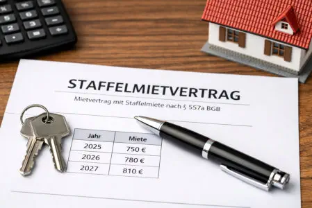 Staffelmietvertrag mit Mietstaffel Tabelle, Schlüssel, Stift und Hausmodell auf Tisch