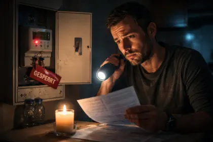 Dunkler Wohn- und Küchenbereich bei Nacht, in dem nach einem Stromausfall kaum Licht vorhanden ist; Möbel und Treppe sind nur schemenhaft im schwachen bläulichen Restlicht von außen erkennbar.