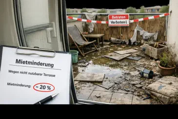 „Beschädigte und nicht nutzbare Terrasse einer Mietwohnung mit Absperrband, kaputten Bodenplatten und Hinweis auf Mietminderung wegen eingeschränkter Nutzung der Terrasse.“ 