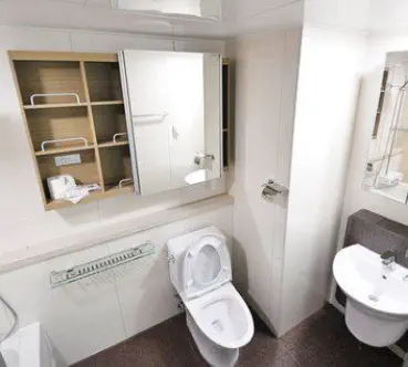 im Badezimmer ist eine Toilette und ein Waschbecken. Der Toilettendeckel ist offen