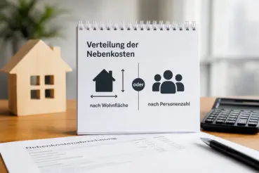 Modernes Bürofoto im Querformat: Auf einem Schreibtisch stehen ein Hausmodell und ein Taschenrechner. Im Mittelpunkt zeigt eine Grafik die Verteilung der Nebenkosten entweder nach Wohnfläche oder nach Personenzahl. Das Bild veranschaulicht die Umlage von 