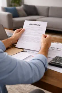 Person hält Abmahnung wegen Mietschulden mit Unterlagen und Rechnungen auf dem Tisch