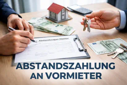 Abstandszahlung an Vormieter: Schlüsselübergabe mit Geld, Vertrag und Wohnungssymbol auf Tisch ohne sichtbare Gesichter