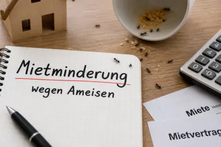 Ameisen auf Notizbuch mit dem Titel Mietminderung neben Taschenrechner auf einem Tisch