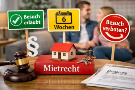 Wohnzimmerszene mit Mietrecht-Buch, Richterhammer und Schildern zu Besuch erlaubt, 6 Wochen und Besuch verboten im Kontext Mietrecht