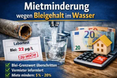 Mietminderung wegen Bleigehalt im Wasser: Rostiges Bleirohr, Glas mit Leitungswasser, Labortest mit erhöhtem Bleiwert (22 µg/L), Eurogeld, Hausmodell und Taschenrechner symbolisieren Mietkürzung von 5–20 %.