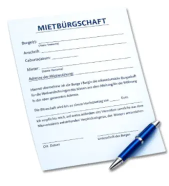 Moderne 3D-Mietbürgschaft in Blau mit Schatten und Kugelschreiber. 