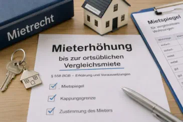 Unterlagen zur Mieterhöhung mit Mietspiegel, Schlüssel und Hausmodell auf einem Schreibtisch.