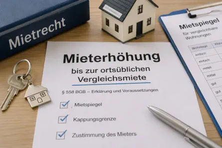 Unterlagen zur Mieterhöhung mit Mietspiegel, Schlüssel und Hausmodell auf einem Schreibtisch.