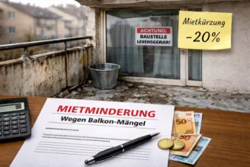 Mietminderung wegen Balkonmängeln: Beschädigter Balkon mit Baustellenhinweis, Formular zur Mietminderung, Geldscheine und Notiz mit 20 % Mietkürzung.