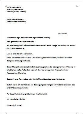 Mietminderung wegen Bleigehalt im Wasser- Musterschreiben