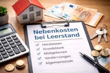 Dokument zu Nebenkosten bei Leerstand mit Checkliste, Taschenrechner, Geld und Hausschlüssel
