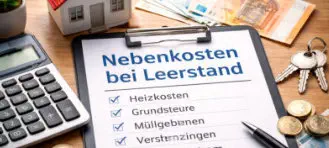 Dokument zu Nebenkosten bei Leerstand mit Checkliste, Taschenrechner, Geld und Hausschlüssel