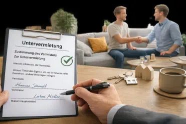 Dokument zur Untervermietung mit Zustimmungs des Vermieters auf einem Klemmbrett, Daneben liegen Wohnungsschlüssel und Deko Häuser auf einem Tisch