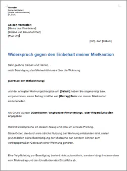 Musterschreiben zum Download, Widerspruch Einbehalt Mietkaution