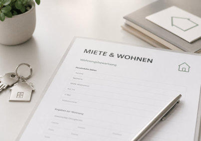 Moderne Formularvorlagen rund um Miete und Wohnen auf einem hellen Schreibtisch mit Schlüsselanhänger in Hausform und Kugelschreiber – ideal für Mietverträge, Wohnungsbewerbungen und weitere Dokumente zum Download. 