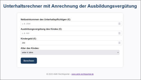 Unterhaltsrechner, mit Anrechnung Ausbildungsvergütung