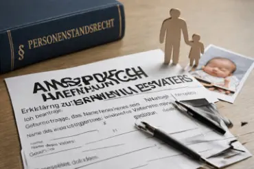 Dokument zur Vaterschaftsanerkennung mit Unterschrift und Stift auf Schreibtisch – Symbol für Anspruch auf Namensnennung des Vaters