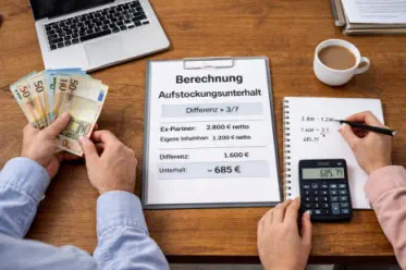 ein Paar sitzt an einem Tischmit Taschenrechner und Geld und ein Zettel liegt auf dem Tisch, worauf steht, Berechnung Aufstockungsunterhalt