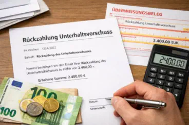 Rückzahlung von Unterhaltsvorschuss: Dokument mit Zahlungsbestätigung über 2.400 €, daneben Euro-Bargeld, Taschenrechner und eine Hand mit Stift zur Unterschrift auf einem Schreibtisch. 