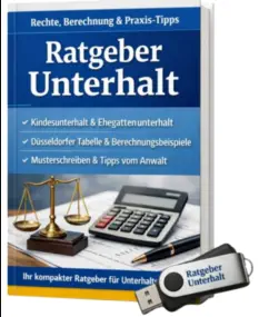 Blaues Buch „Ratgeber Unterhalt“ mit Waage, Taschenrechner und USB-Stick