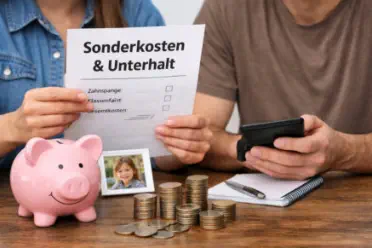Dokument zu Sonderkosten und Unterhalt wird von zwei Personen geprüft, daneben Geld und Sparschwein