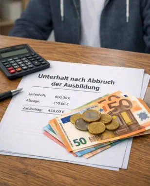 Auszubildender sitzt am Tisch,darauf liegen Geldscheine und ein Taschenrechner