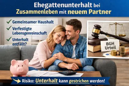 Ein lächelndes Paar sitzt eng umarmt auf einem Sofa vor Unterlagen und einem Taschenrechner, daneben ein Sparschwein. Links stehen Stichpunkte wie „Gemeinsamer Haushalt“ und „Verfestigte Lebensgemeinschaft“. Rechts ist ein Symbolbild mit Richterhammer, Wa