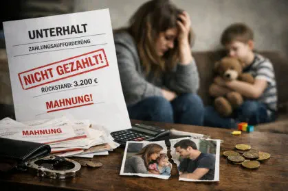 Mutter sitzt verzweifelt am Tisch neben einem Kind, während im Vordergrund ein Schreiben mit der Aufschrift „Unterhalt – nicht gezahlt“ sowie Mahnungen, Geld und ein zerrissenes Familienfoto liegen
