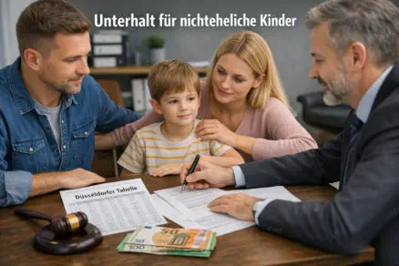 Ein Mann und eine Frau sitzen mit einem kleinen Kind an einem Tisch gegenüber einem Anwalt oder Berater. Der Berater erklärt etwas und zeigt auf Dokumente, während die Eltern aufmerksam zuhören und das Kind zwischen ihnen sitzt.