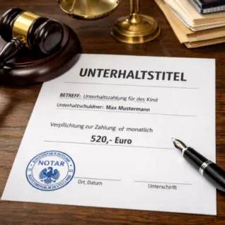 Dokument „Unterhaltstitel“ mit Betrag, Notarstempel, Richterhammer und Füller.