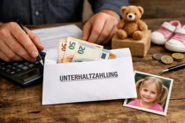Unterhaltszahlung mit Bargeld im Umschlag, Taschenrechner und Kinderfoto auf Tisch