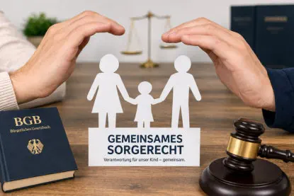 Tisch auf das BGB Buch liegt, Eltern halten Hände über Familie als Papierfiguren